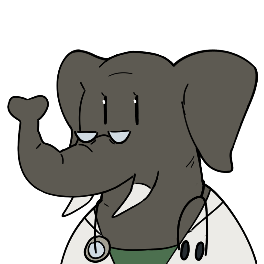Dr. MnemosyneC, the gray elephant mascot in a white coat with stethoscope and half-moon spectacles